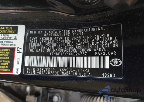 2012 Toyota Camry Le z USA, uszkodzony, nr VIN 4T1BF1FK1CU024757